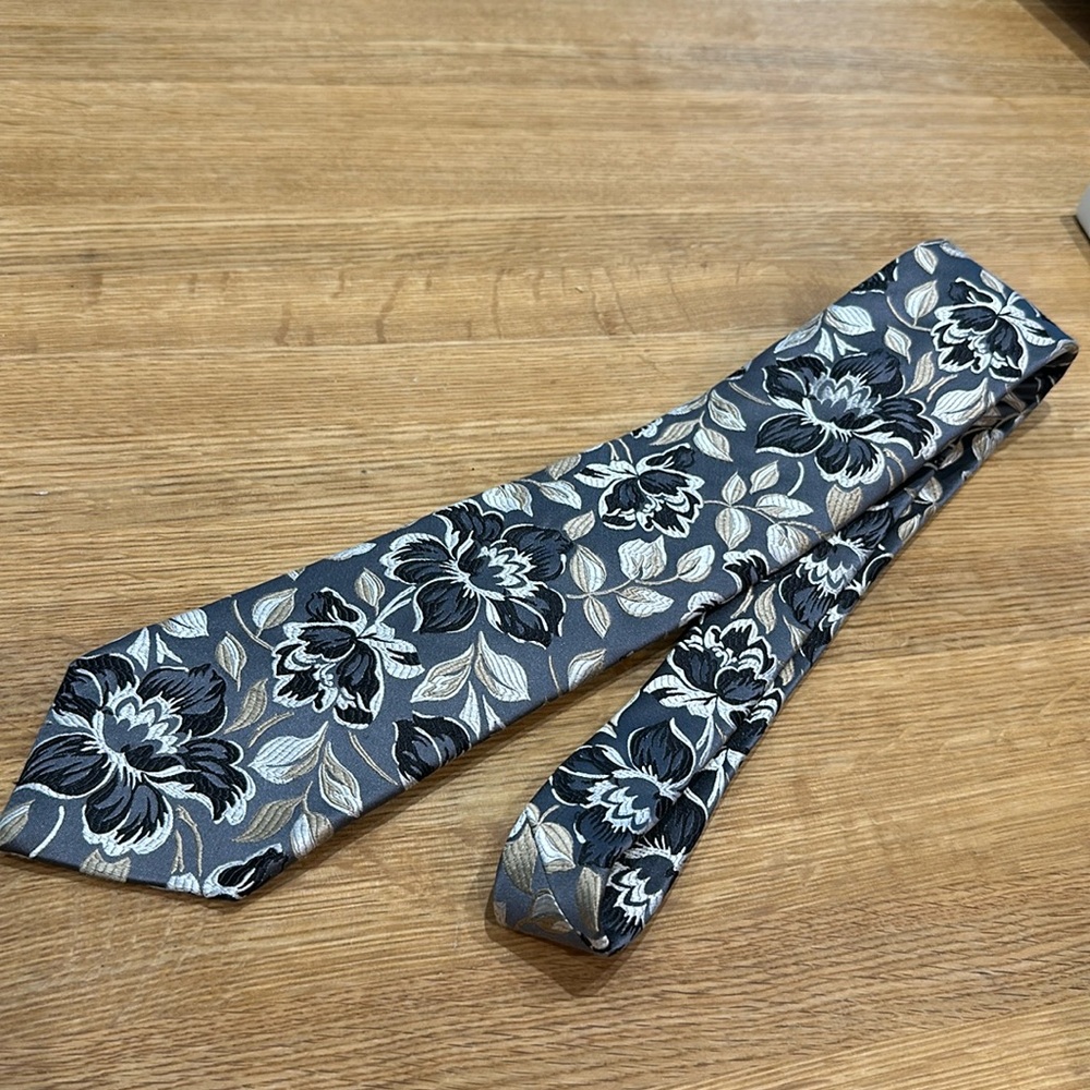 Duchamp 100% silk tie, grey background, cream, gold and black flowers
